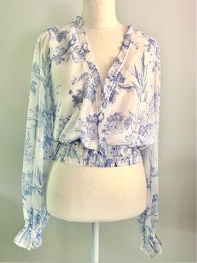 Maison d'Amelie White and Blue Floral Fitted Smocked Waist Long-Sleeve Blouse-XS